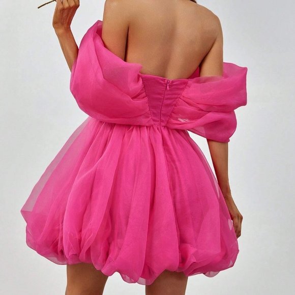 Pink Boho Womens Off Shoulder Mesh Overlay Party Dress - Picture 2 of 5